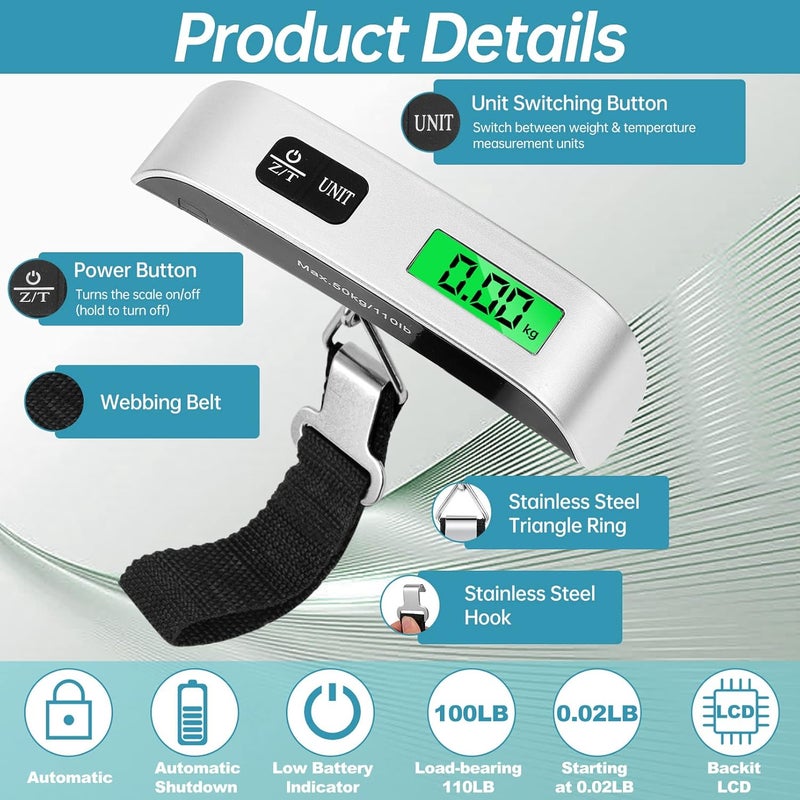 Visen Digital Luggage Scale,3 Pack Luggage Weight Scale,110LB Handheld Digital Hanging Scales,Baggage Scale with Backlit LCD Display,Portable Suitcase Weight Scale with Hook for Travelers,Battery Included - Image 3